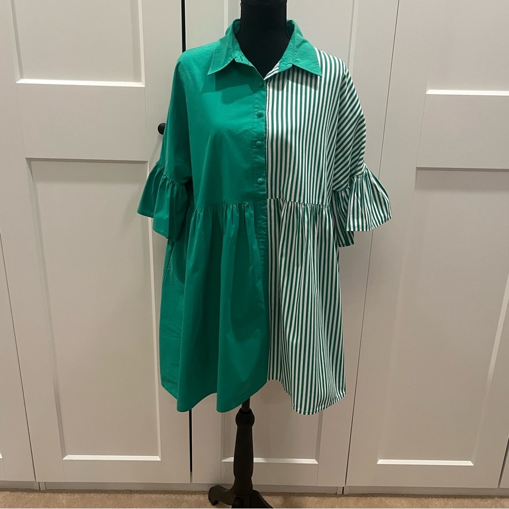 Petal & Pup Green Colorblock Striped Shirt Dress